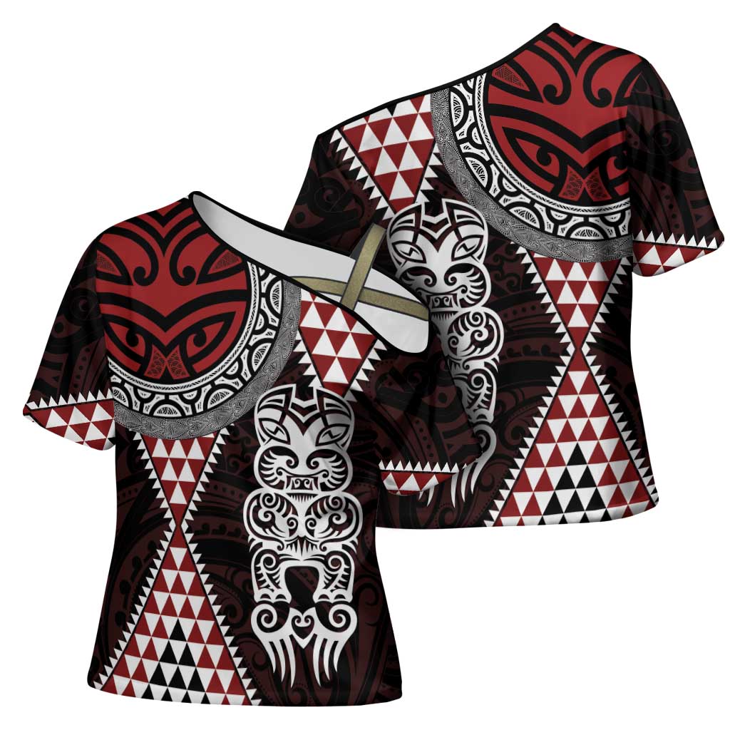Red Aotearoa Niho Taniwha Cross Shoulder Shirt Maori Mythology Tooth - Taniko Motifs - Polynesian Pride