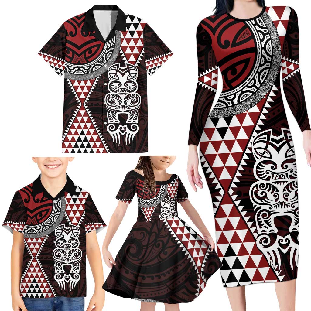 Red Aotearoa Niho Taniwha Family Matching Long Sleeve Bodycon Dress and Hawaiian Shirt Maori Mythology Tooth - Taniko Motifs