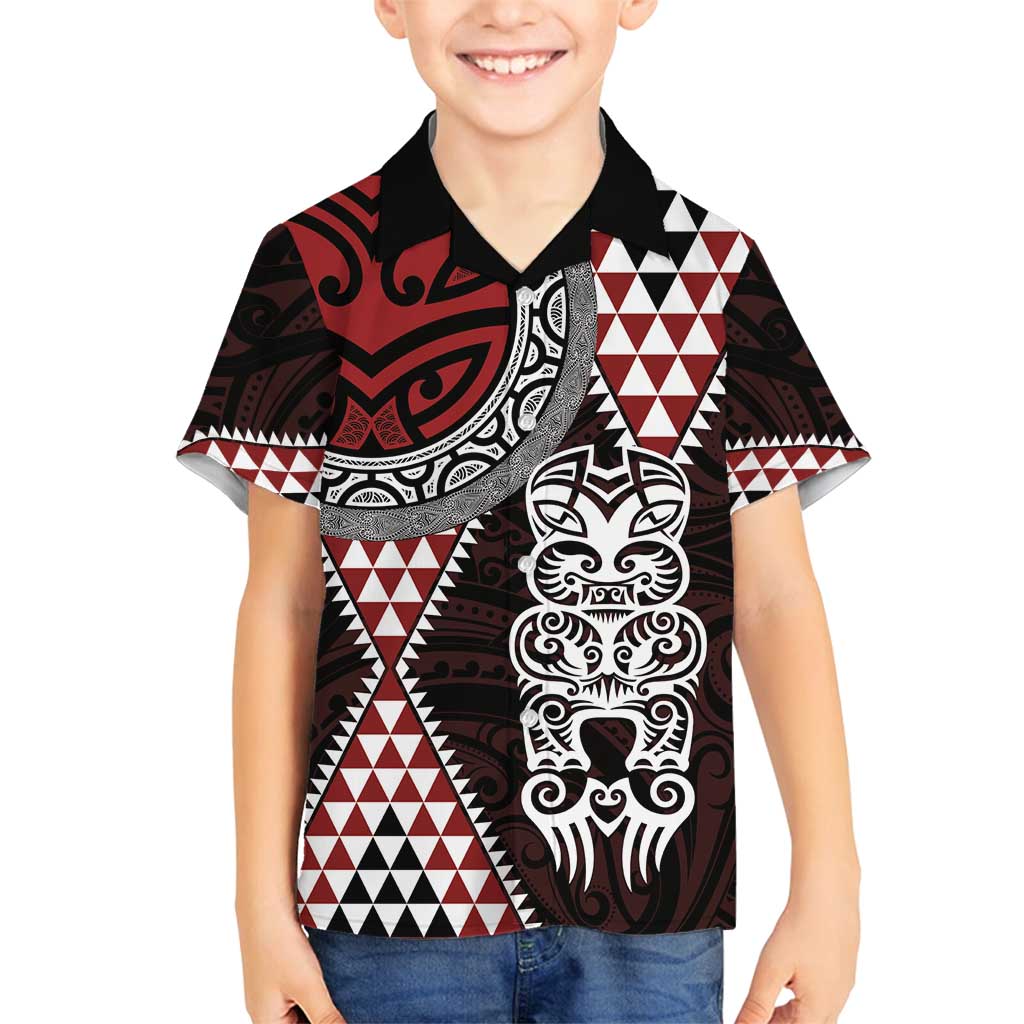 Red Aotearoa Niho Taniwha Family Matching Off Shoulder Maxi Dress and Hawaiian Shirt Maori Mythology Tooth - Taniko Motifs