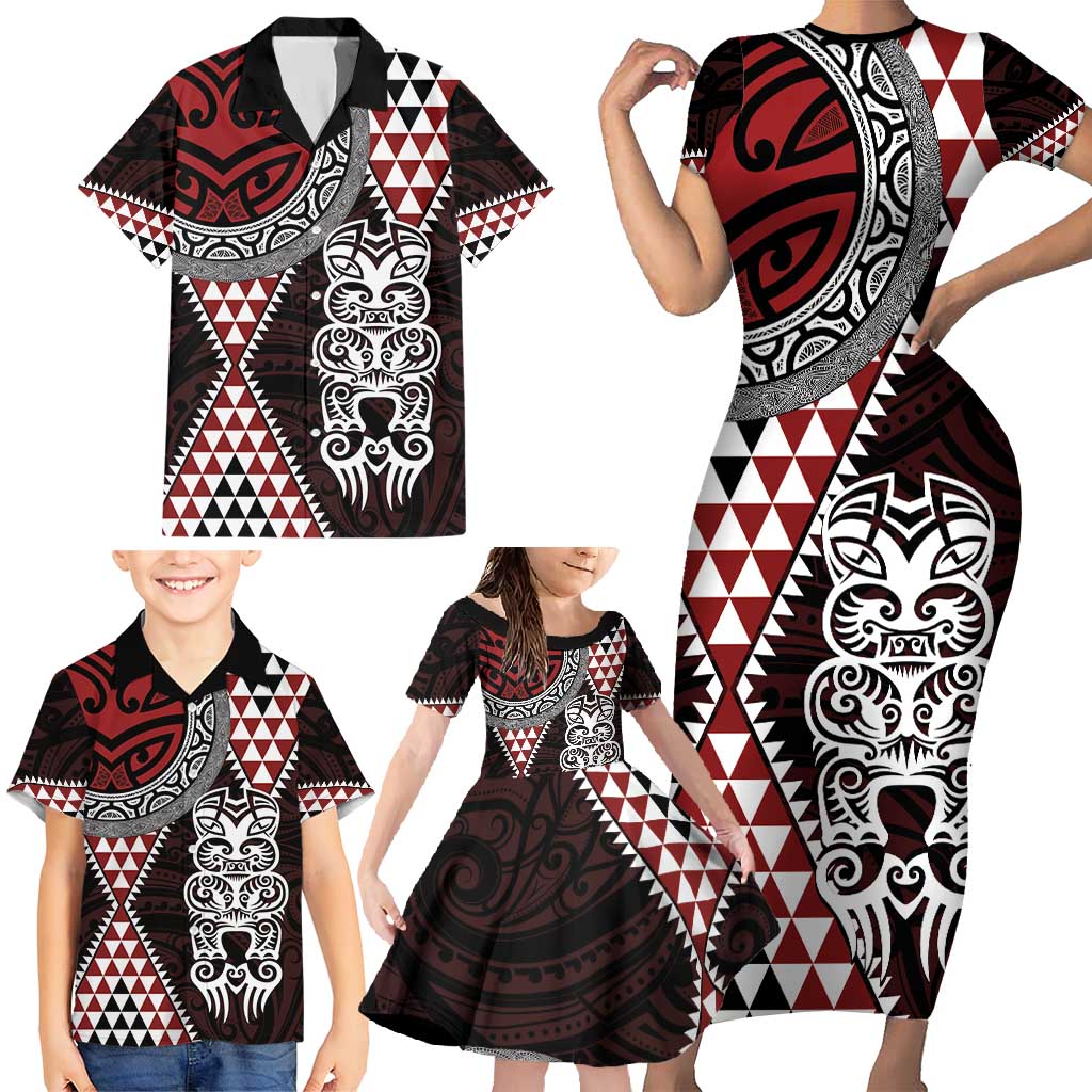 Red Aotearoa Niho Taniwha Family Matching Short Sleeve Bodycon Dress and Hawaiian Shirt Maori Mythology Tooth - Taniko Motifs