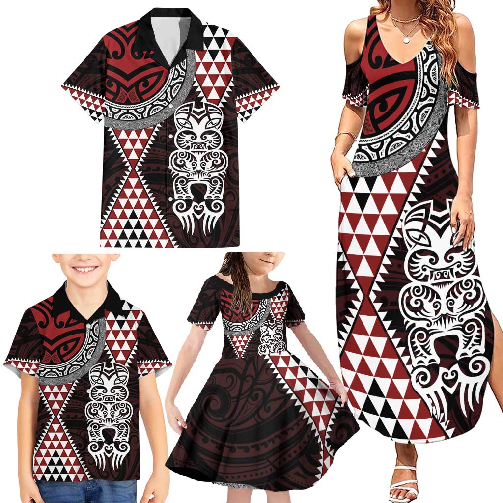 Red Aotearoa Niho Taniwha Family Matching Summer Maxi Dress and Hawaiian Shirt Maori Mythology Tooth - Taniko Motifs