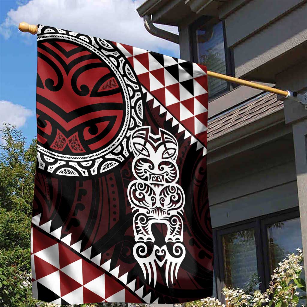 Red Aotearoa Niho Taniwha Garden Flag Maori Mythology Tooth - Taniko Motifs LT14 - Polynesian Pride