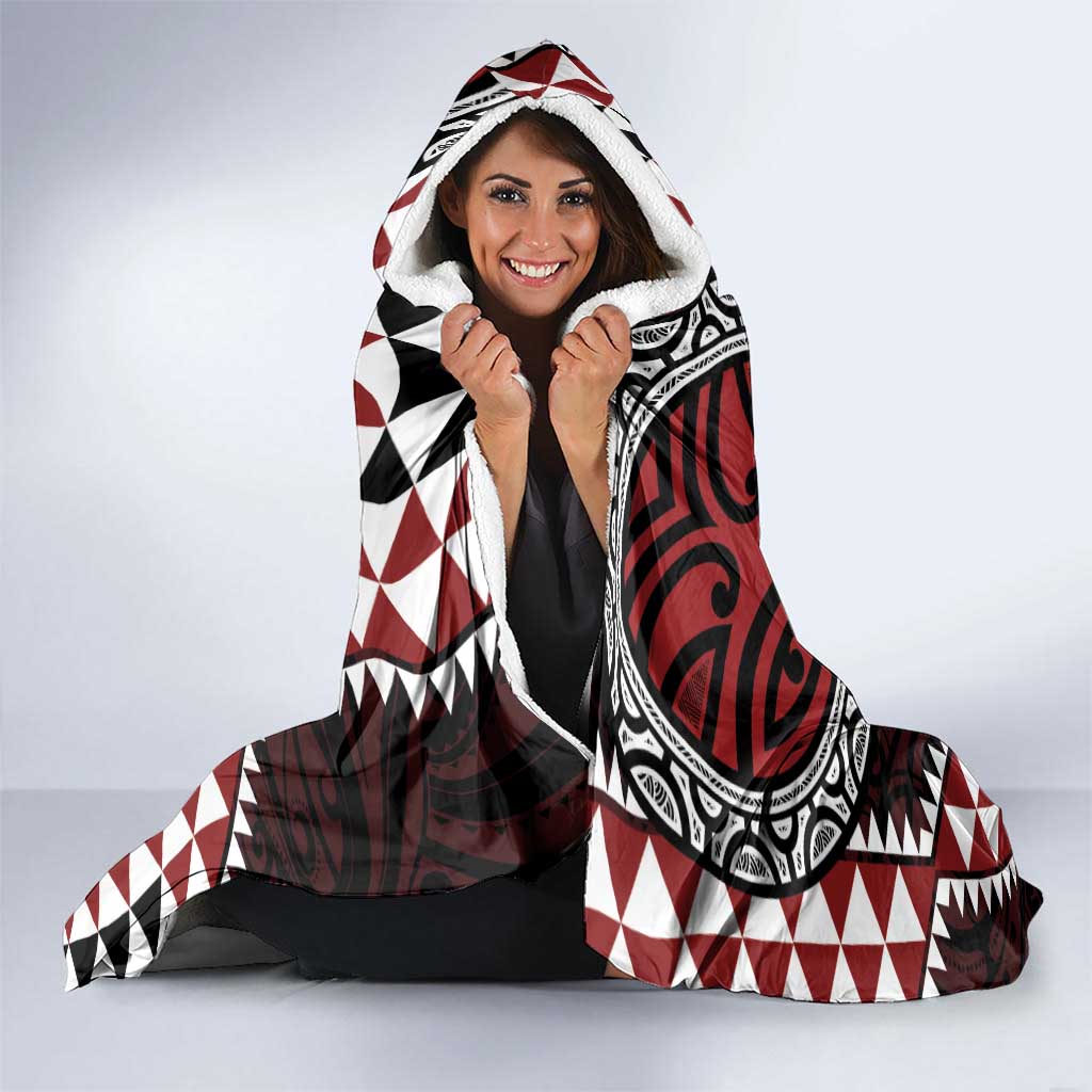 Red Aotearoa Niho Taniwha Hooded Blanket Maori Mythology Tooth - Taniko Motifs LT14 - Polynesian Pride