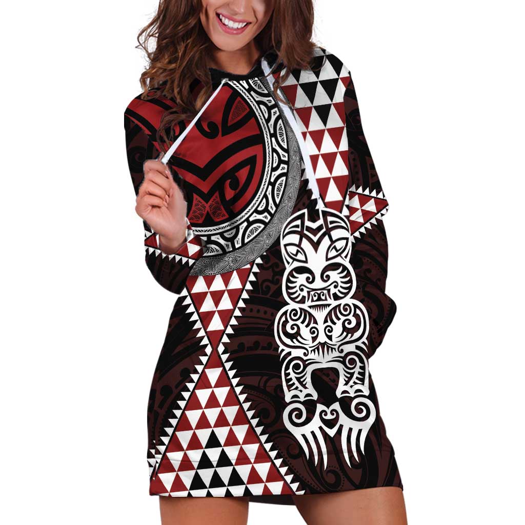 Red Aotearoa Niho Taniwha Hoodie Dress Maori Mythology Tooth - Taniko Motifs LT14 Red - Polynesian Pride