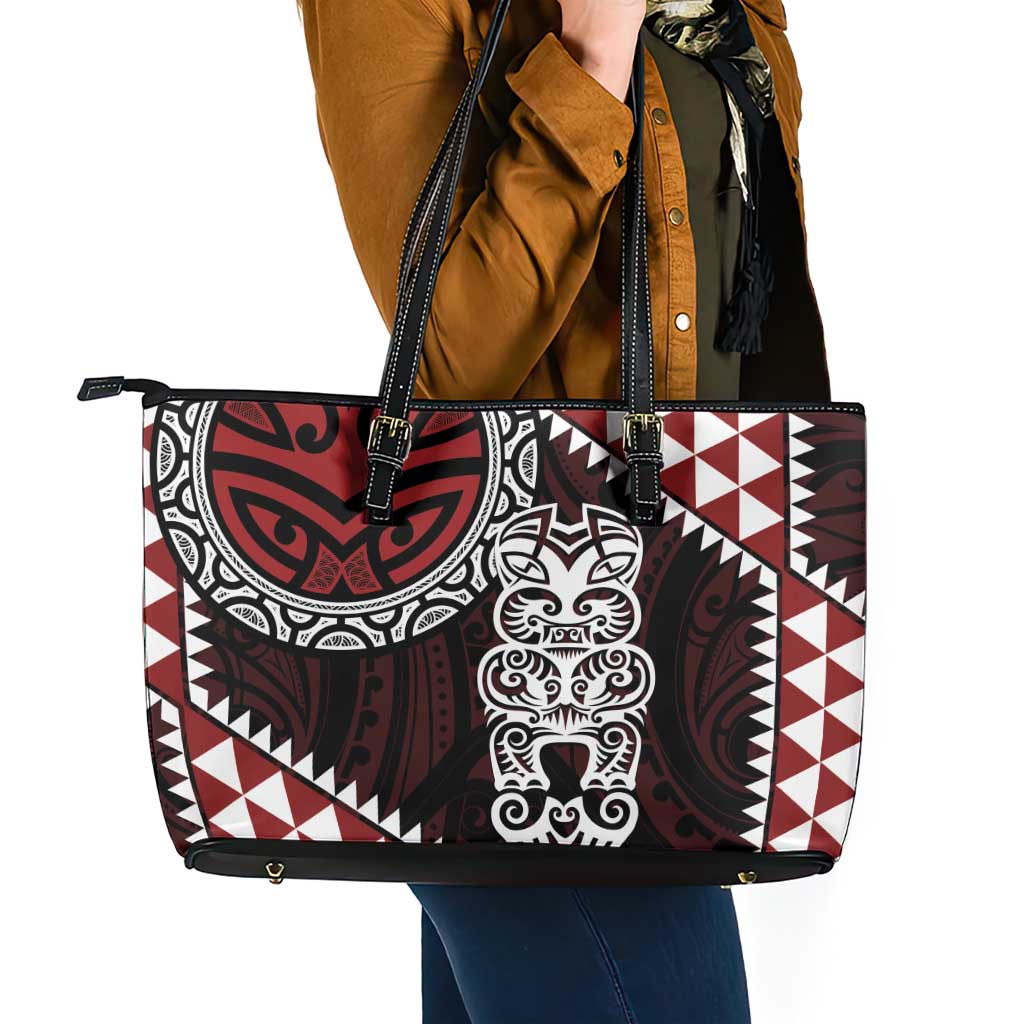 Red Aotearoa Niho Taniwha Leather Tote Bag Maori Mythology Tooth - Taniko Motifs LT14 - Polynesian Pride