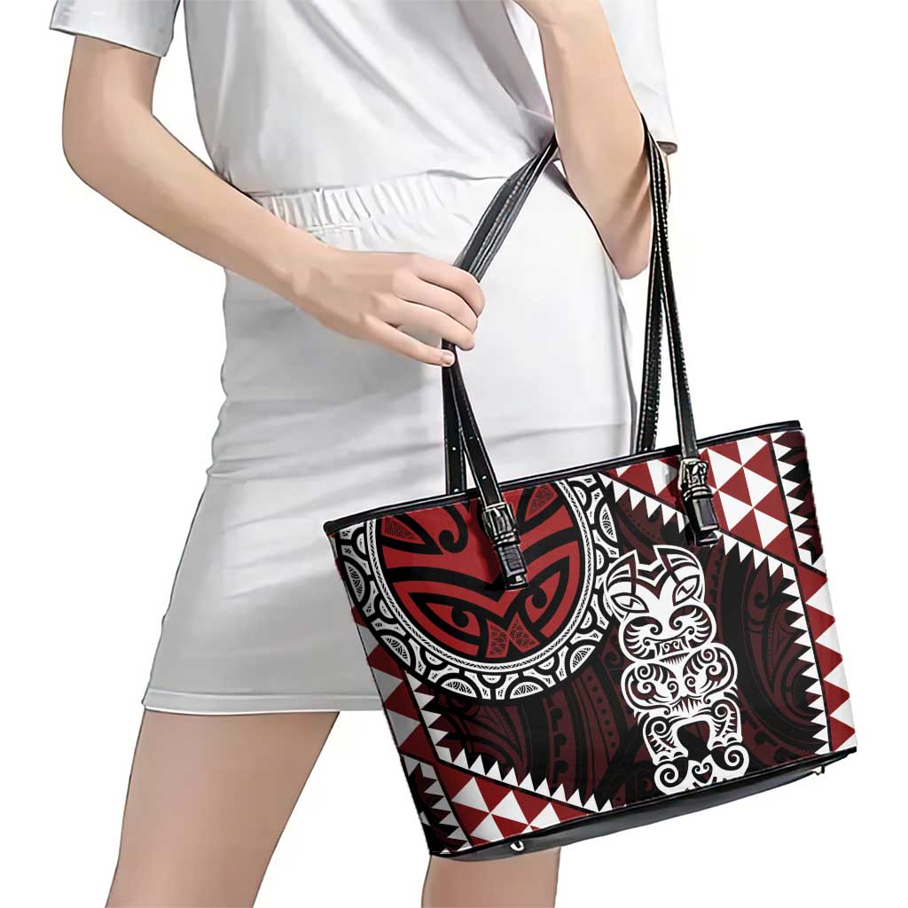 Red Aotearoa Niho Taniwha Leather Tote Bag Maori Mythology Tooth - Taniko Motifs LT14 - Polynesian Pride