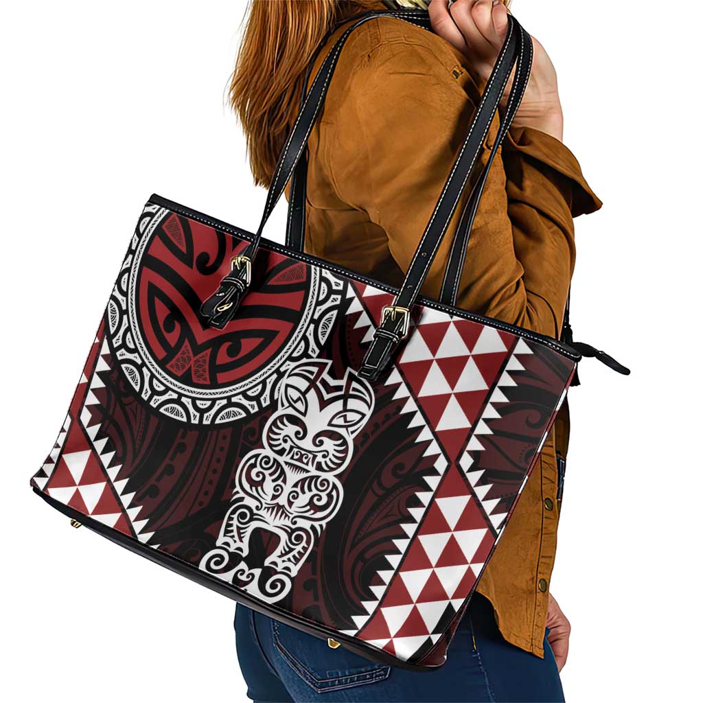 Red Aotearoa Niho Taniwha Leather Tote Bag Maori Mythology Tooth - Taniko Motifs LT14 - Polynesian Pride