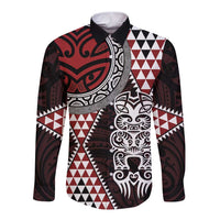 Red Aotearoa Niho Taniwha Long Sleeve Button Shirt Maori Mythology Tooth - Taniko Motifs LT14 Unisex Red - Polynesian Pride