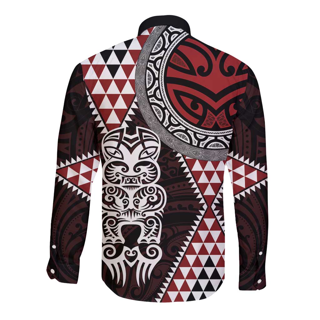 Red Aotearoa Niho Taniwha Long Sleeve Button Shirt Maori Mythology Tooth - Taniko Motifs LT14 - Polynesian Pride