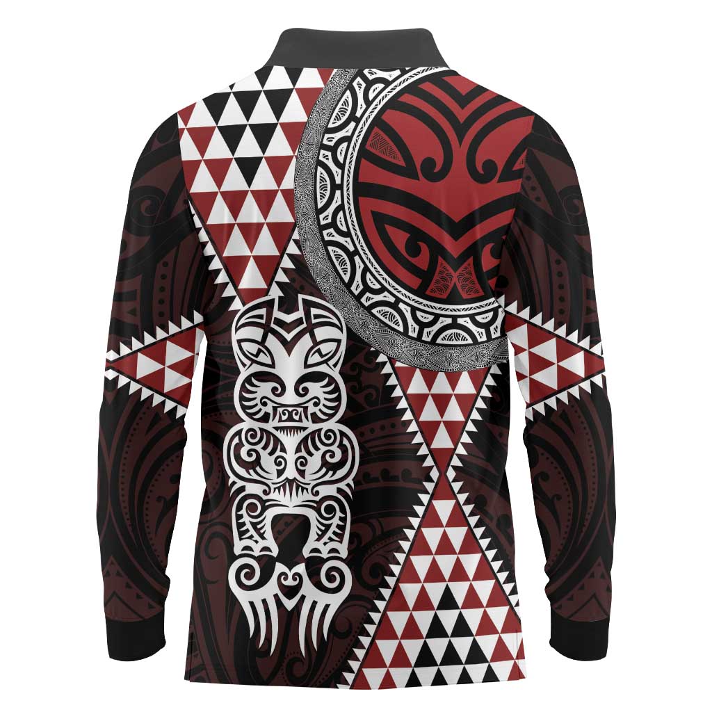 Red Aotearoa Niho Taniwha Long Sleeve Polo Shirt Maori Mythology Tooth - Taniko Motifs