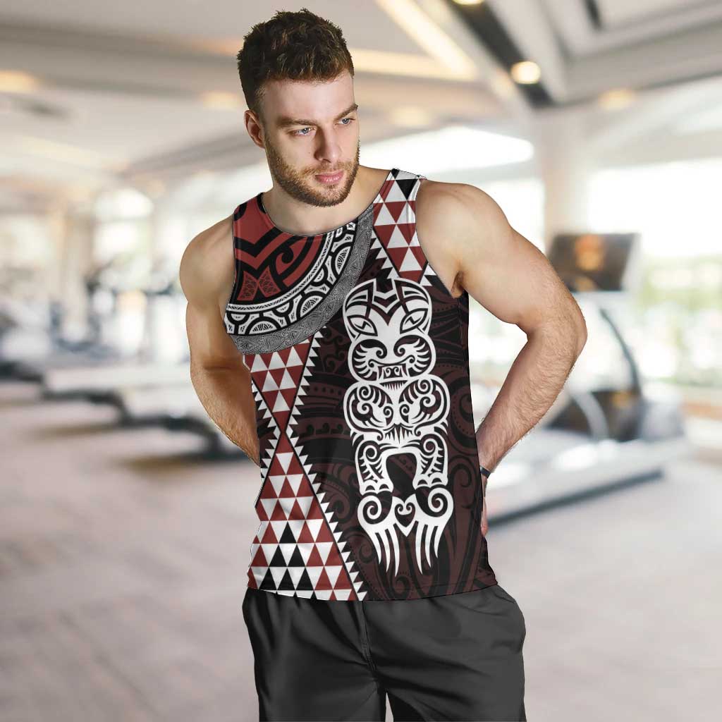 Red Aotearoa Niho Taniwha Men Tank Top Maori Mythology Tooth - Taniko Motifs LT14 Red - Polynesian Pride