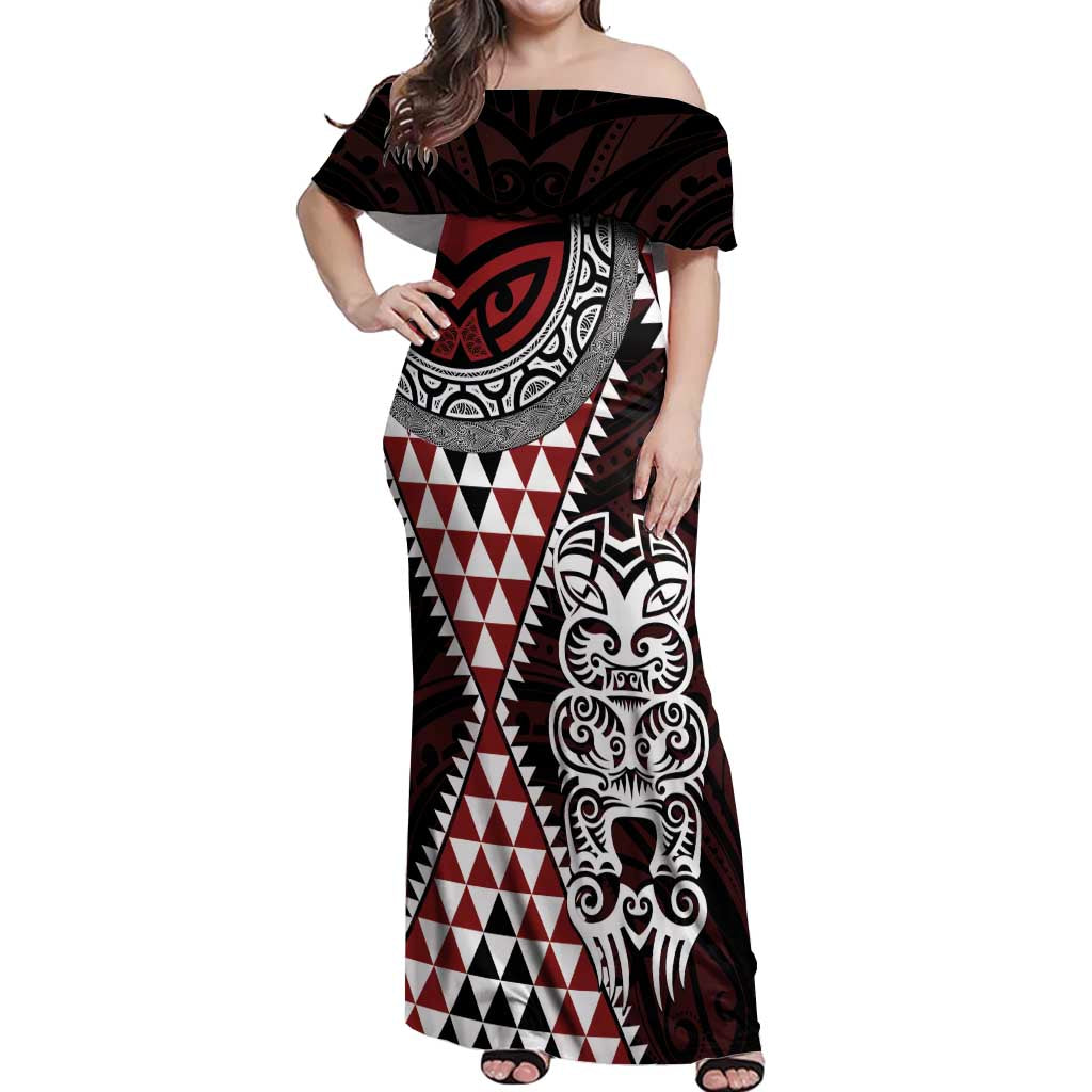 Red Aotearoa Niho Taniwha Off Shoulder Maxi Dress Maori Mythology Tooth - Taniko Motifs LT14 Women Red - Polynesian Pride