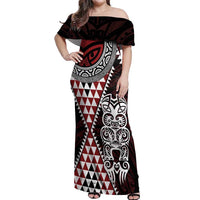 Red Aotearoa Niho Taniwha Off Shoulder Maxi Dress Maori Mythology Tooth - Taniko Motifs LT14 Women Red - Polynesian Pride