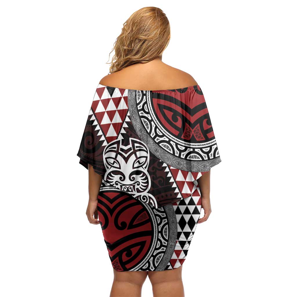 Red Aotearoa Niho Taniwha Off Shoulder Short Dress Maori Mythology Tooth - Taniko Motifs LT14 - Polynesian Pride
