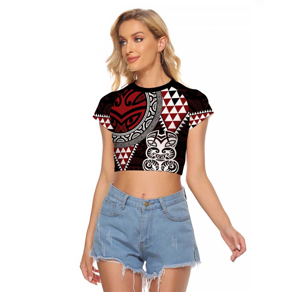 Red Aotearoa Niho Taniwha Raglan Cropped T Shirt Maori Mythology Tooth - Taniko Motifs LT14 Female Red - Polynesian Pride
