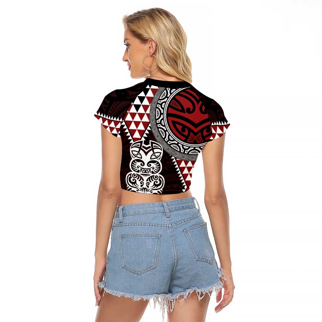 Red Aotearoa Niho Taniwha Raglan Cropped T Shirt Maori Mythology Tooth - Taniko Motifs LT14 - Polynesian Pride