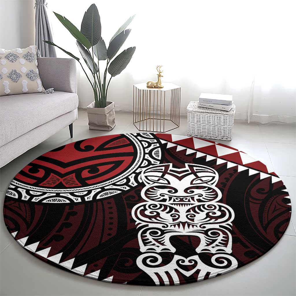 Red Aotearoa Niho Taniwha Round Carpet Maori Mythology Tooth - Taniko Motifs