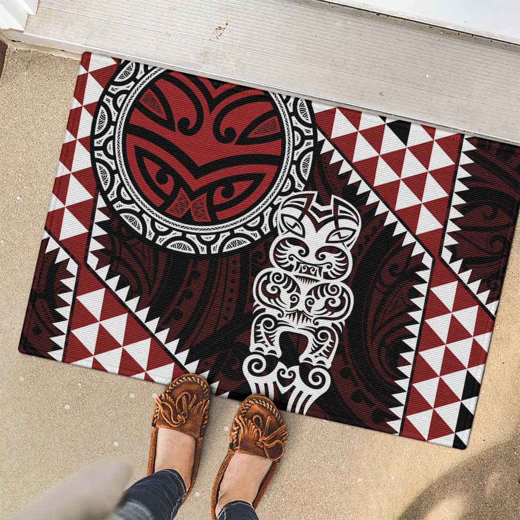 Red Aotearoa Niho Taniwha Rubber Doormat Maori Mythology Tooth - Taniko Motifs