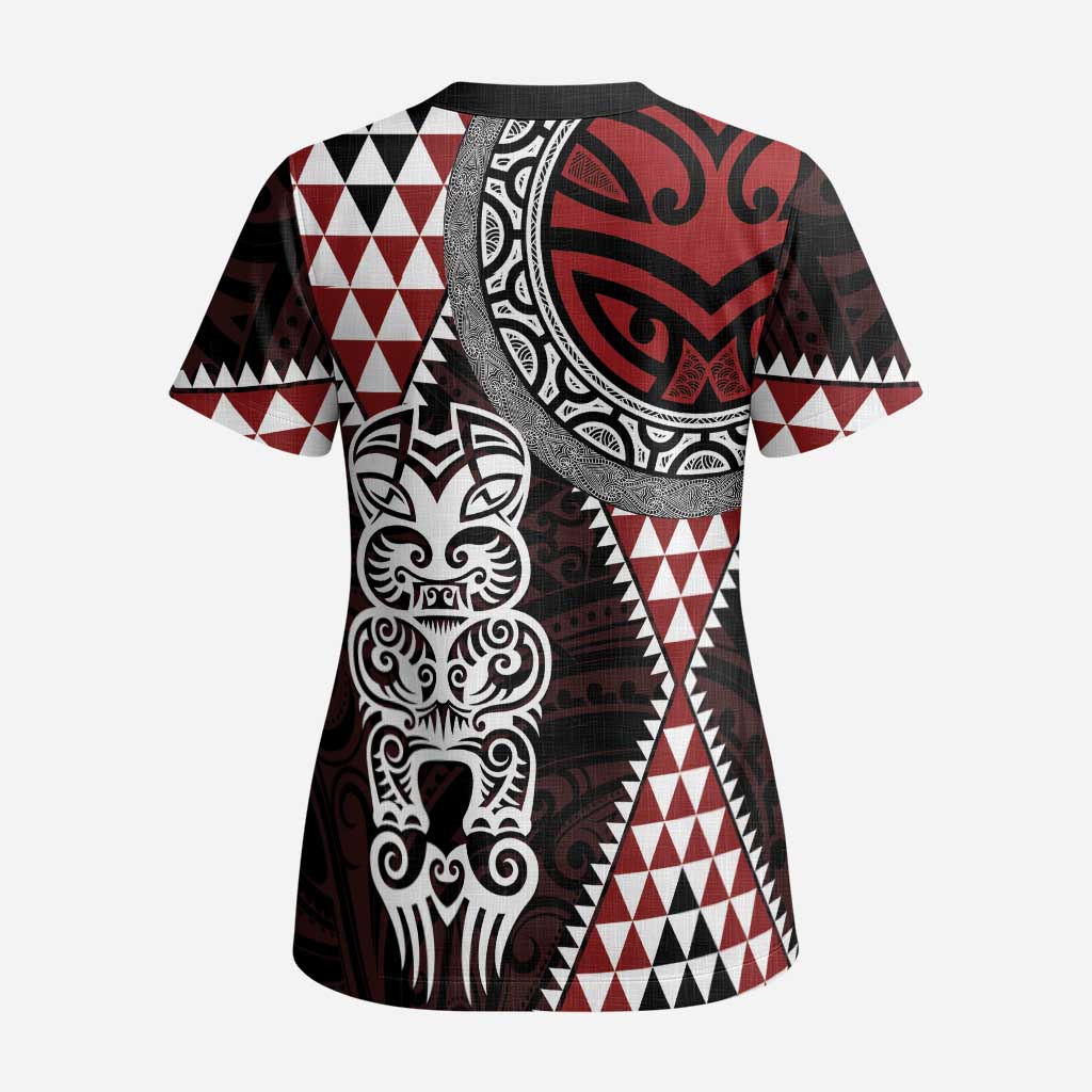 Red Aotearoa Niho Taniwha Scrub Top Maori Mythology Tooth - Taniko Motifs LT14 - Polynesian Pride