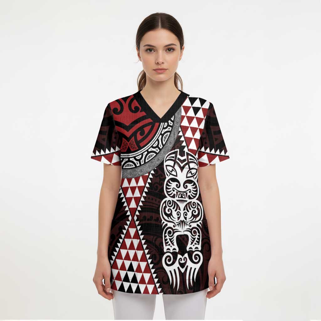 Red Aotearoa Niho Taniwha Scrub Top Maori Mythology Tooth - Taniko Motifs LT14 - Polynesian Pride