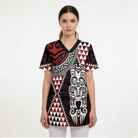 Red Aotearoa Niho Taniwha Scrub Top Maori Mythology Tooth - Taniko Motifs LT14 - Polynesian Pride