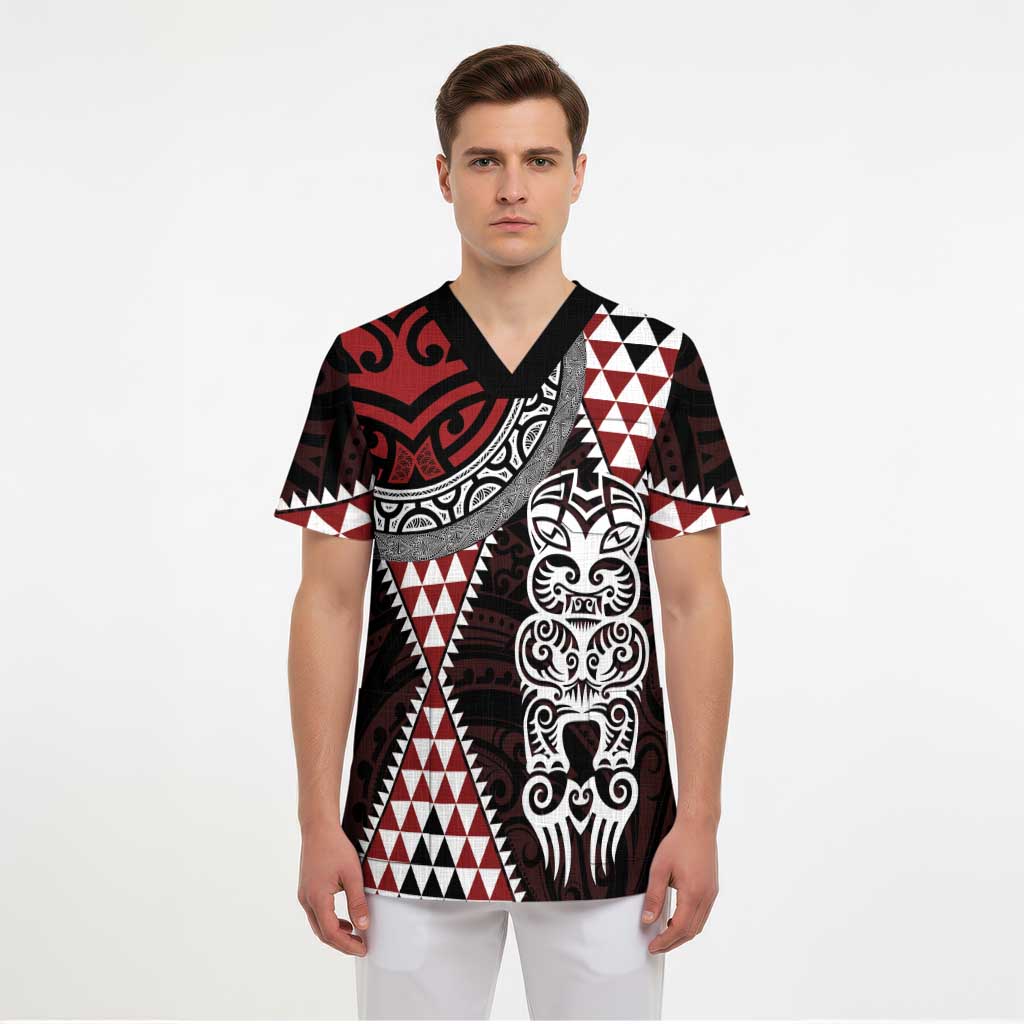 Red Aotearoa Niho Taniwha Scrub Top Maori Mythology Tooth - Taniko Motifs LT14 - Polynesian Pride