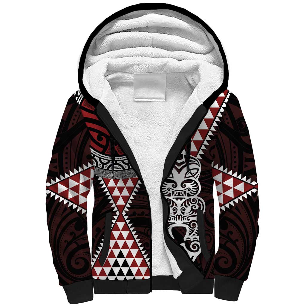 Red Aotearoa Niho Taniwha Sherpa Hoodie Maori Mythology Tooth - Taniko Motifs LT14 Unisex Red - Polynesian Pride