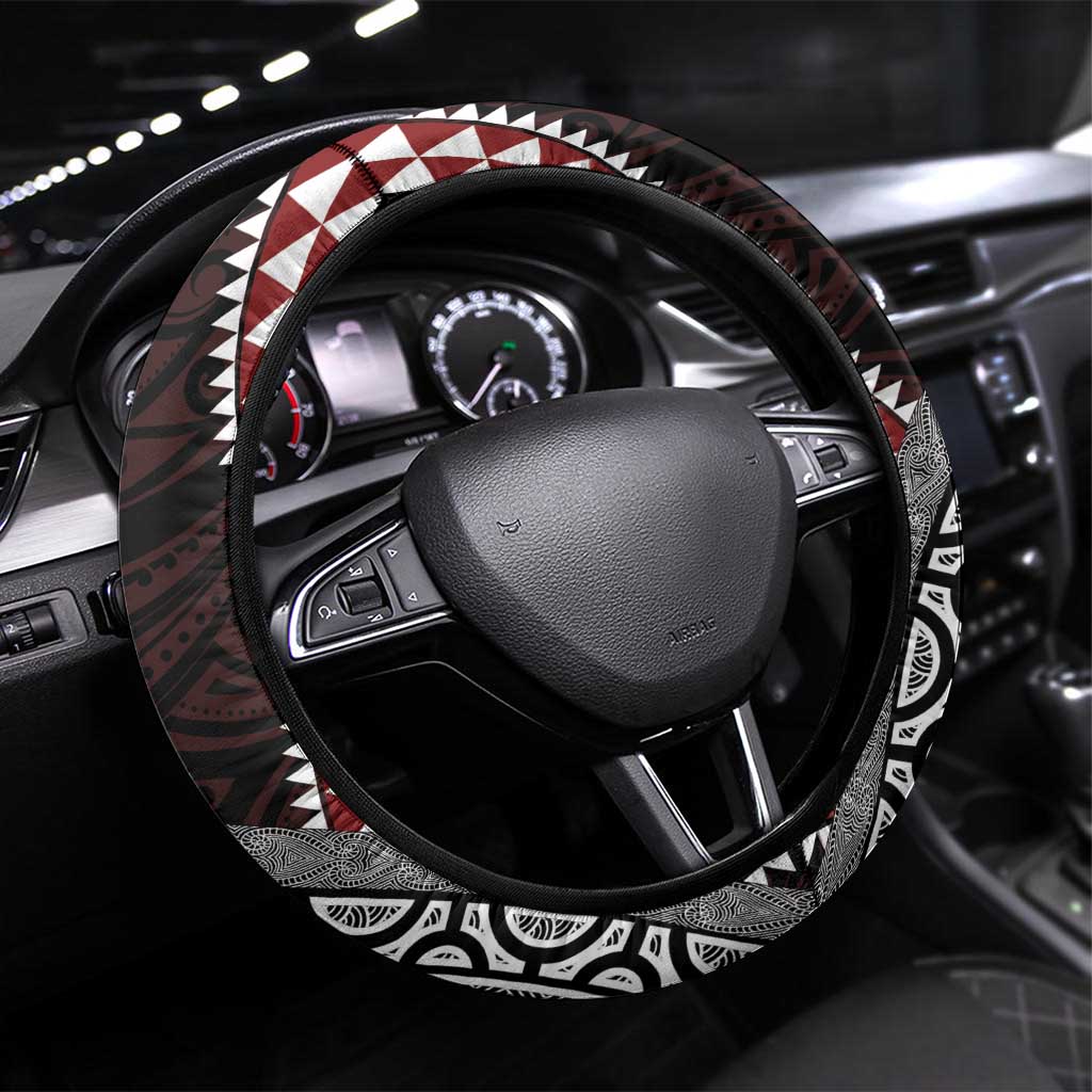 Red Aotearoa Niho Taniwha Steering Wheel Cover Maori Mythology Tooth - Taniko Motifs LT14 Universal Fit Red - Polynesian Pride