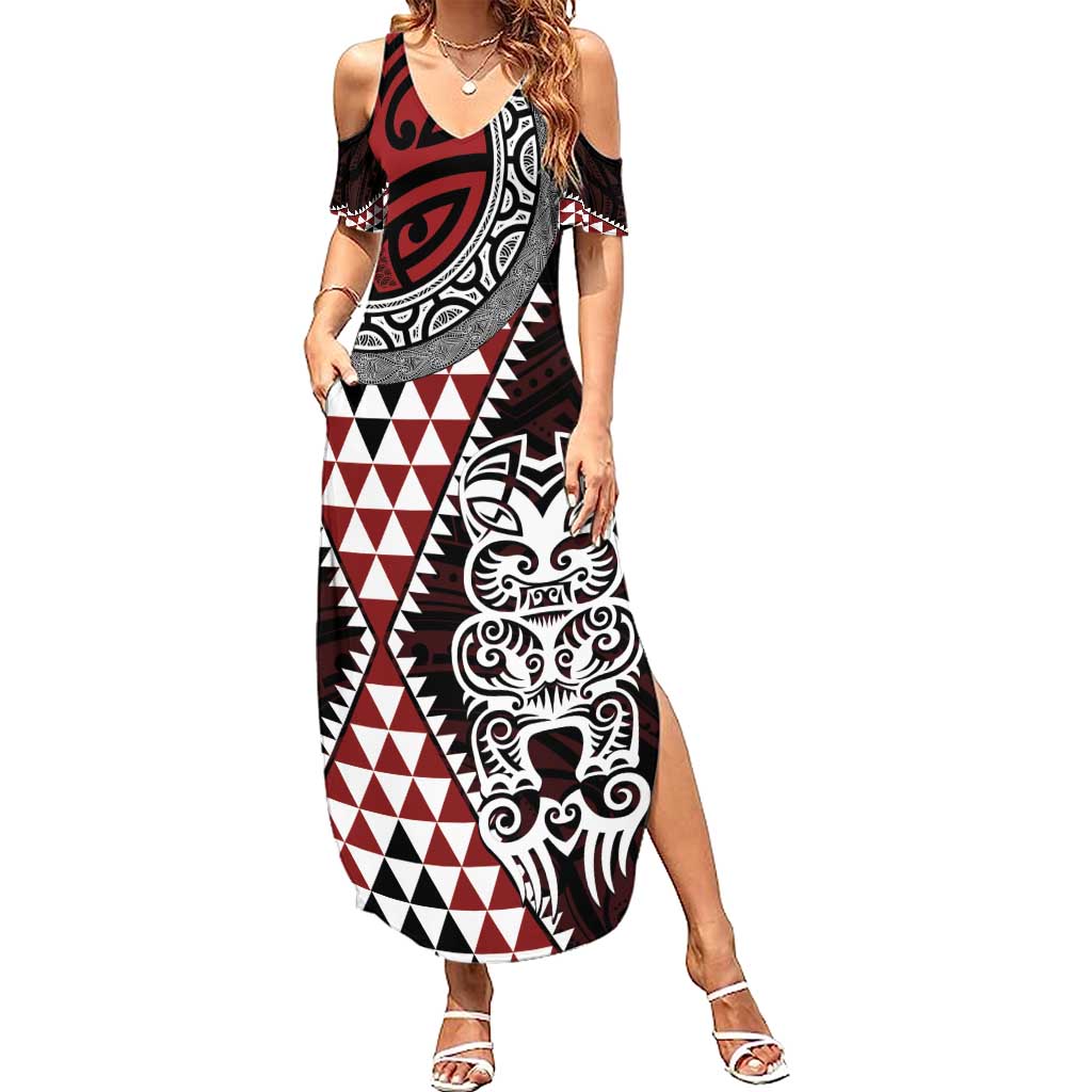Red Aotearoa Niho Taniwha Summer Maxi Dress Maori Mythology Tooth - Taniko Motifs LT14 Women Red - Polynesian Pride
