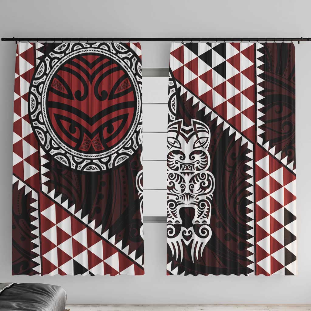 Red Aotearoa Niho Taniwha Window Curtain Maori Mythology Tooth - Taniko Motifs LT14 With Hooks Red - Polynesian Pride