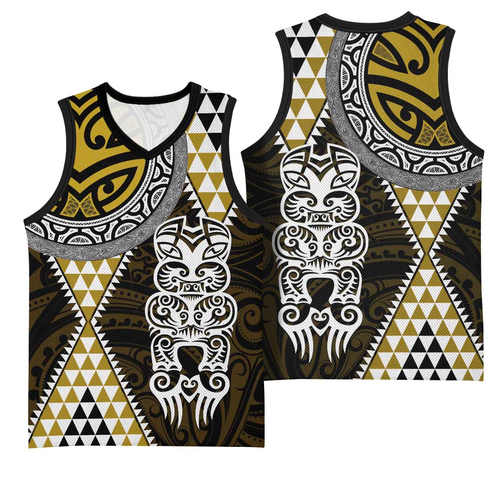 Yellow Aotearoa Niho Taniwha Basketball Jersey Maori Mythology Tooth - Taniko Motifs - Polynesian Pride