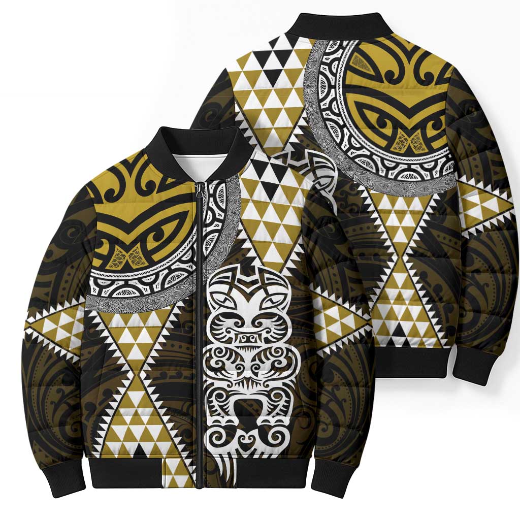 Yellow Aotearoa Niho Taniwha Bomber Puffer Jacket Maori Mythology Tooth - Taniko Motifs - Polynesian Pride