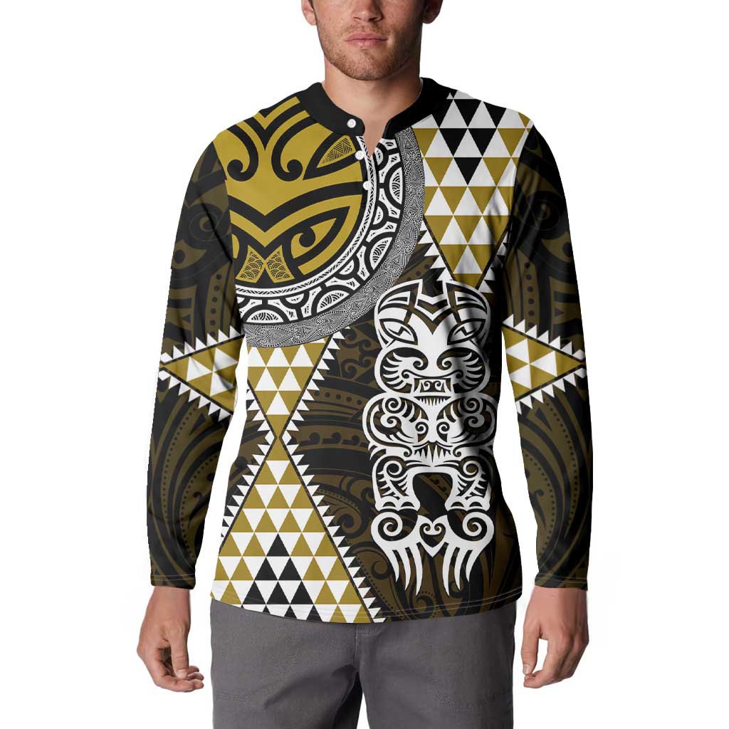 Yellow Aotearoa Niho Taniwha Button Sweatshirt Maori Mythology Tooth - Taniko Motifs LT14 - Polynesian Pride