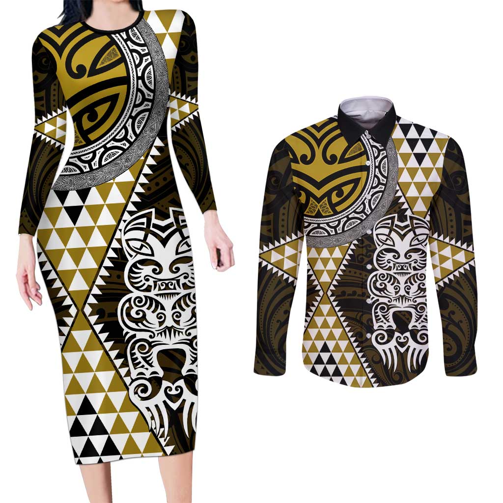 Yellow Aotearoa Niho Taniwha Couples Matching Long Sleeve Bodycon Dress and Long Sleeve Button Shirt Maori Mythology Tooth - Taniko Motifs