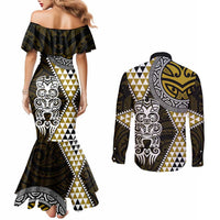 Yellow Aotearoa Niho Taniwha Couples Matching Mermaid Dress and Long Sleeve Button Shirt Maori Mythology Tooth - Taniko Motifs