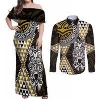 Yellow Aotearoa Niho Taniwha Couples Matching Off Shoulder Maxi Dress and Long Sleeve Button Shirt Maori Mythology Tooth - Taniko Motifs