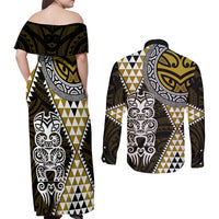 Yellow Aotearoa Niho Taniwha Couples Matching Off Shoulder Maxi Dress and Long Sleeve Button Shirt Maori Mythology Tooth - Taniko Motifs