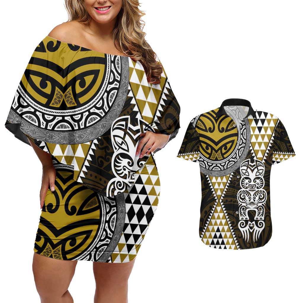 Yellow Aotearoa Niho Taniwha Couples Matching Off Shoulder Short Dress and Hawaiian Shirt Maori Mythology Tooth - Taniko Motifs LT14 Yellow - Polynesian Pride