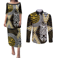 Yellow Aotearoa Niho Taniwha Couples Matching Puletasi and Long Sleeve Button Shirt Maori Mythology Tooth - Taniko Motifs