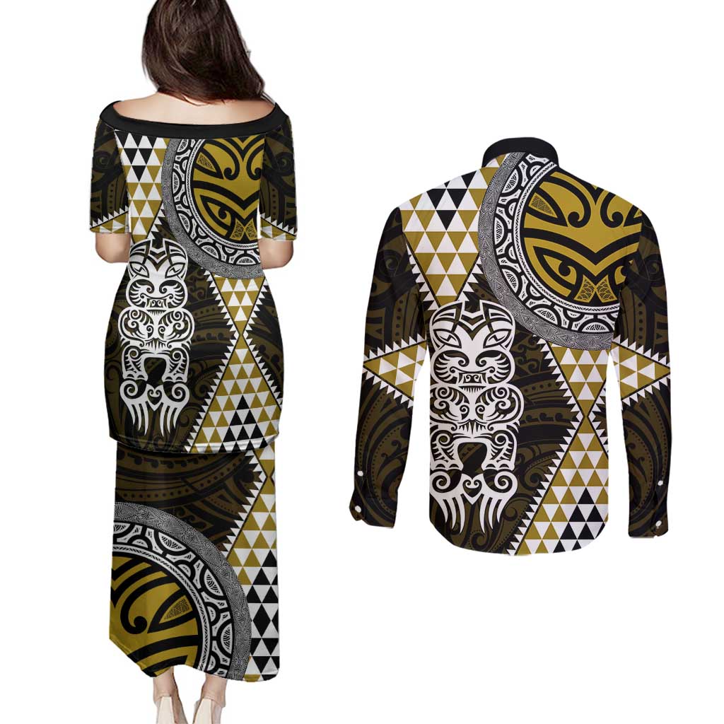 Yellow Aotearoa Niho Taniwha Couples Matching Puletasi and Long Sleeve Button Shirt Maori Mythology Tooth - Taniko Motifs