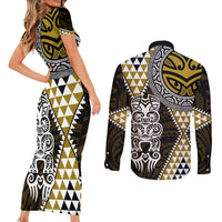 Yellow Aotearoa Niho Taniwha Couples Matching Short Sleeve Bodycon Dress and Long Sleeve Button Shirt Maori Mythology Tooth - Taniko Motifs