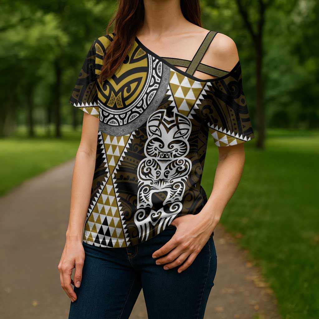 Yellow Aotearoa Niho Taniwha Cross Shoulder Shirt Maori Mythology Tooth - Taniko Motifs - Polynesian Pride