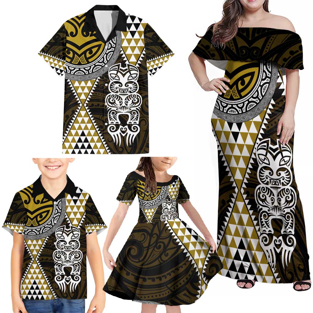 Yellow Aotearoa Niho Taniwha Family Matching Off Shoulder Maxi Dress and Hawaiian Shirt Maori Mythology Tooth - Taniko Motifs