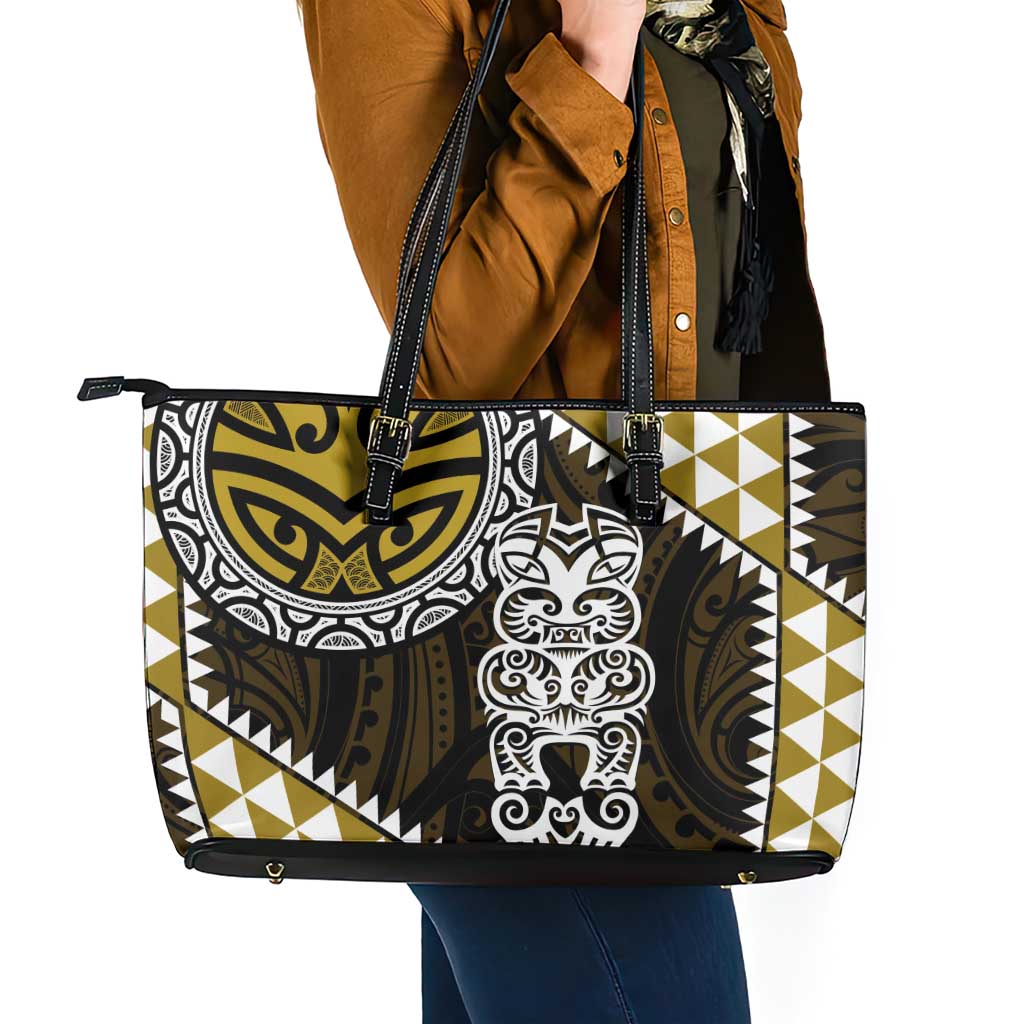 Yellow Aotearoa Niho Taniwha Leather Tote Bag Maori Mythology Tooth - Taniko Motifs LT14 - Polynesian Pride