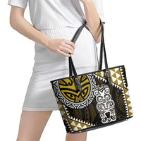 Yellow Aotearoa Niho Taniwha Leather Tote Bag Maori Mythology Tooth - Taniko Motifs LT14 - Polynesian Pride