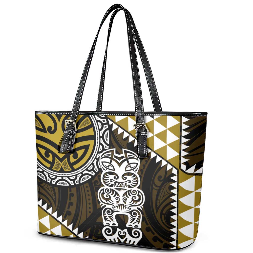 Yellow Aotearoa Niho Taniwha Leather Tote Bag Maori Mythology Tooth - Taniko Motifs LT14 - Polynesian Pride