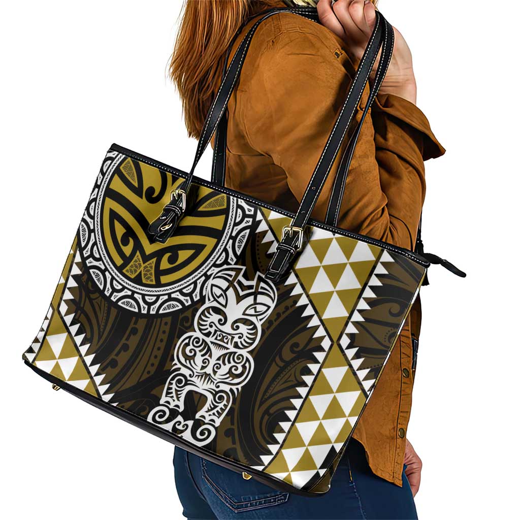 Yellow Aotearoa Niho Taniwha Leather Tote Bag Maori Mythology Tooth - Taniko Motifs LT14 - Polynesian Pride