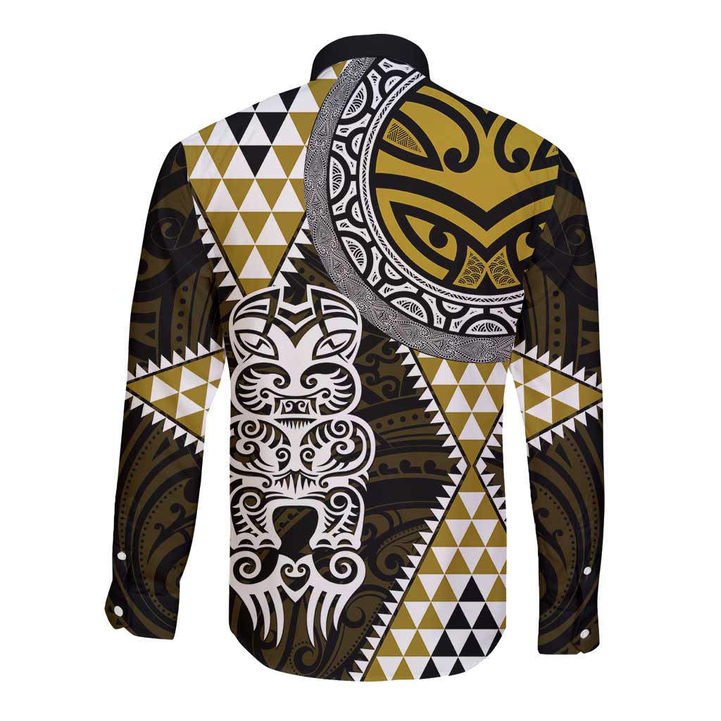 Yellow Aotearoa Niho Taniwha Long Sleeve Button Shirt Maori Mythology Tooth - Taniko Motifs LT14 - Polynesian Pride