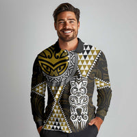 Yellow Aotearoa Niho Taniwha Long Sleeve Polo Shirt Maori Mythology Tooth - Taniko Motifs