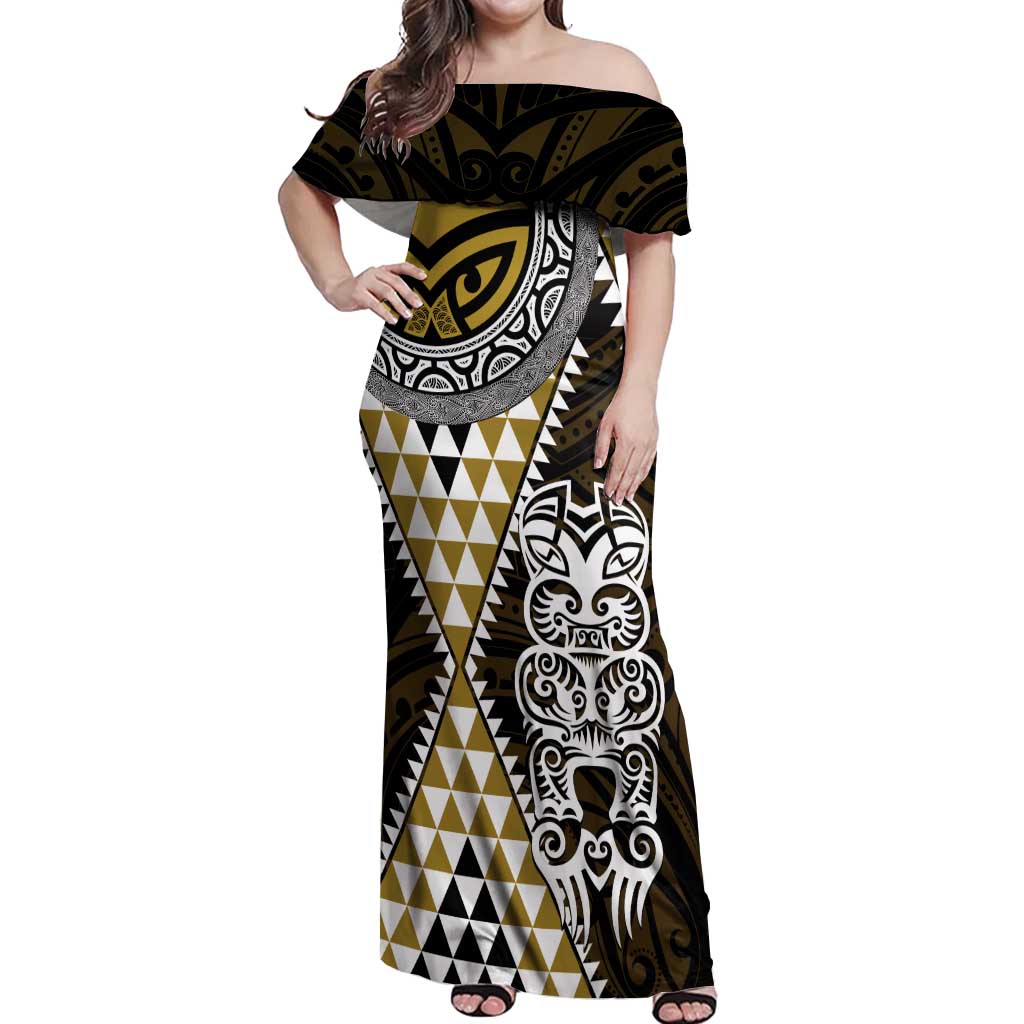 Yellow Aotearoa Niho Taniwha Off Shoulder Maxi Dress Maori Mythology Tooth - Taniko Motifs LT14 Women Yellow - Polynesian Pride